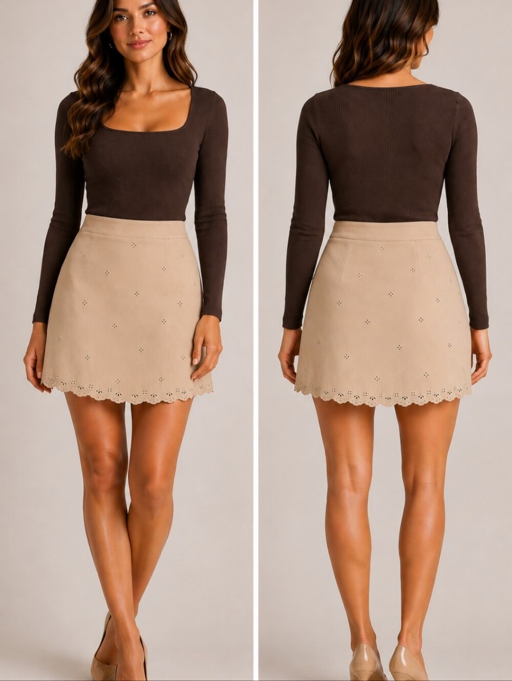 Current Air Tan Faux Suede Eyelet Scallop Hem Mini Skirt Small